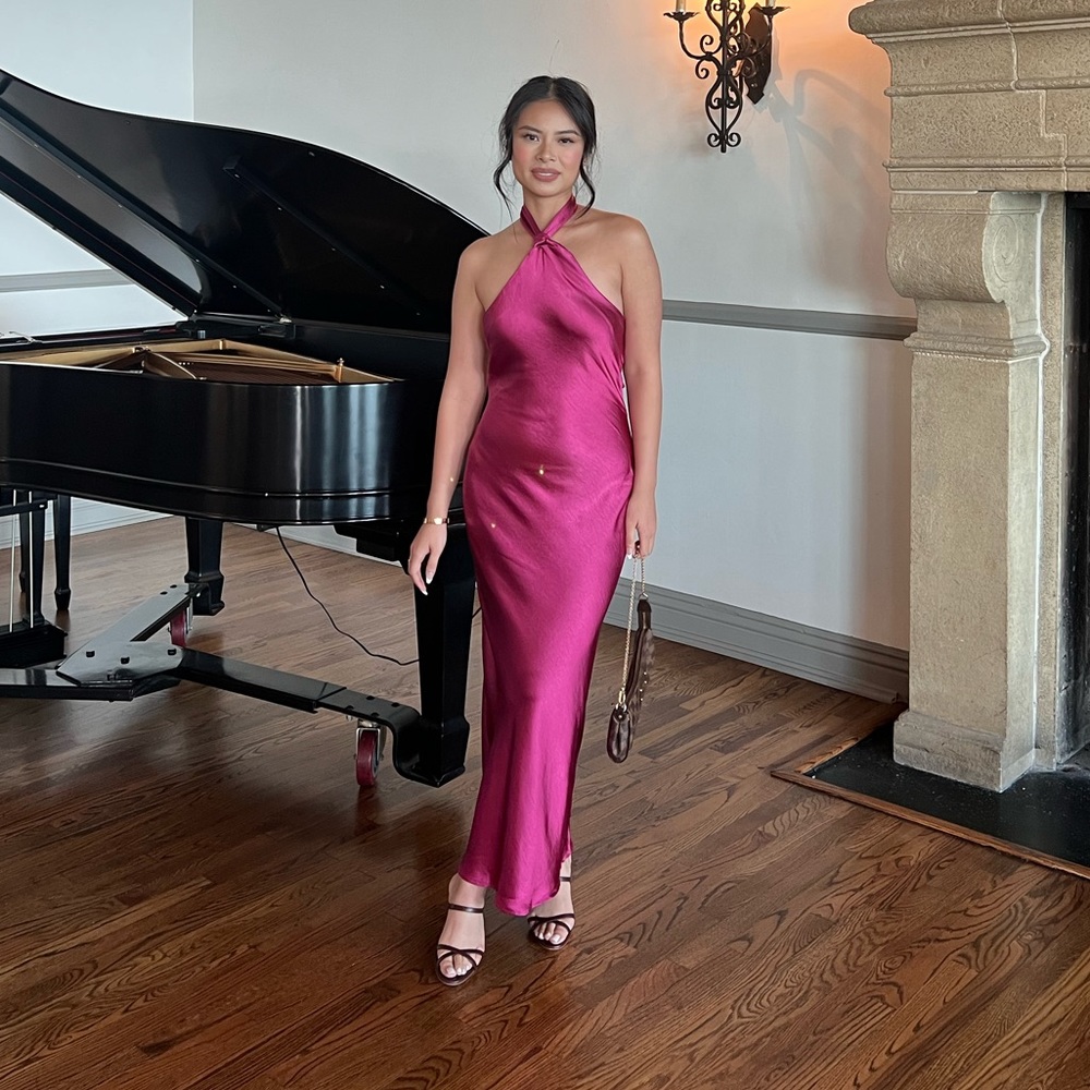 Magenta silk open back maxi dress